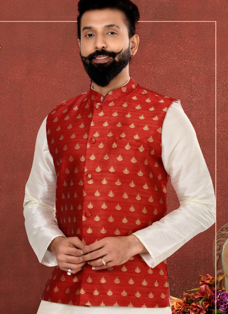 Jacquard Silk Red Festival Wear Embroidery Work Readymade Men's Waist Coat