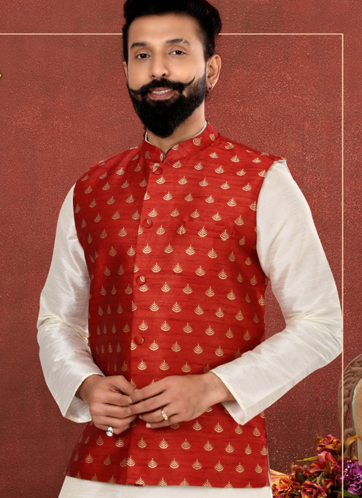 Jacquard Silk Red Festival Wear Embroidery Work Readymade Men's Waist Coat