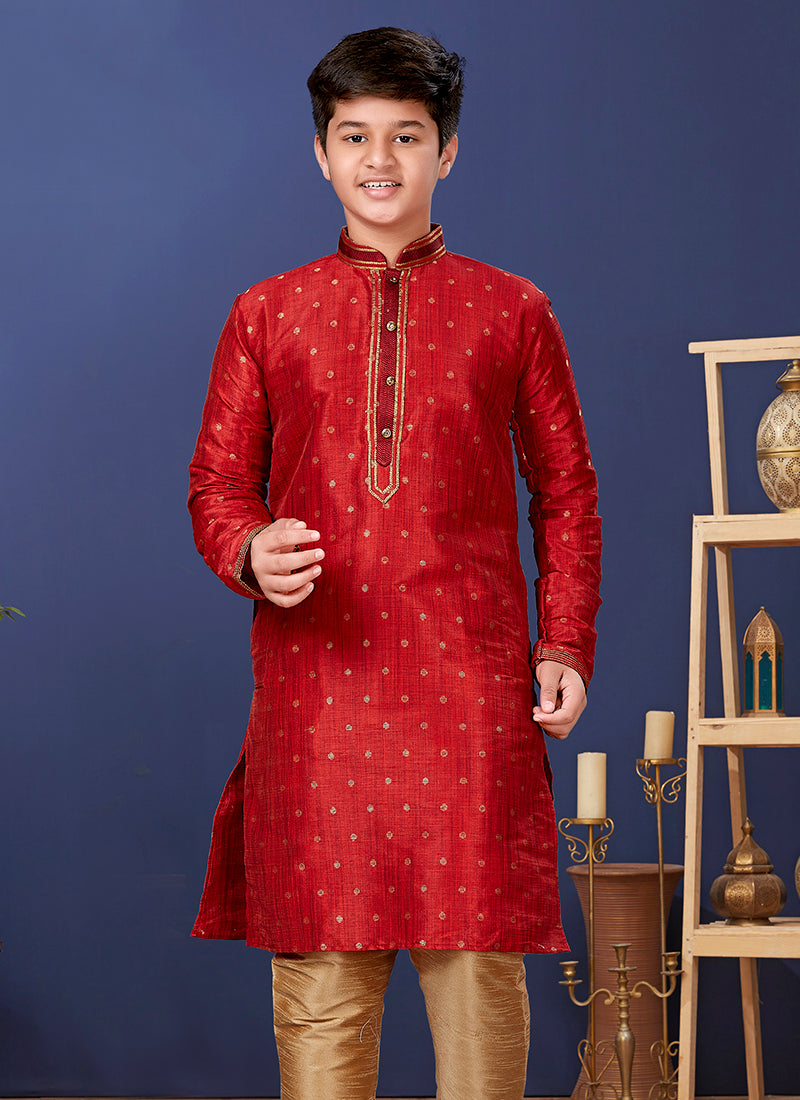 Jacquard Silk Red Wedding Wear Weaving Readymade Kurta Pajama