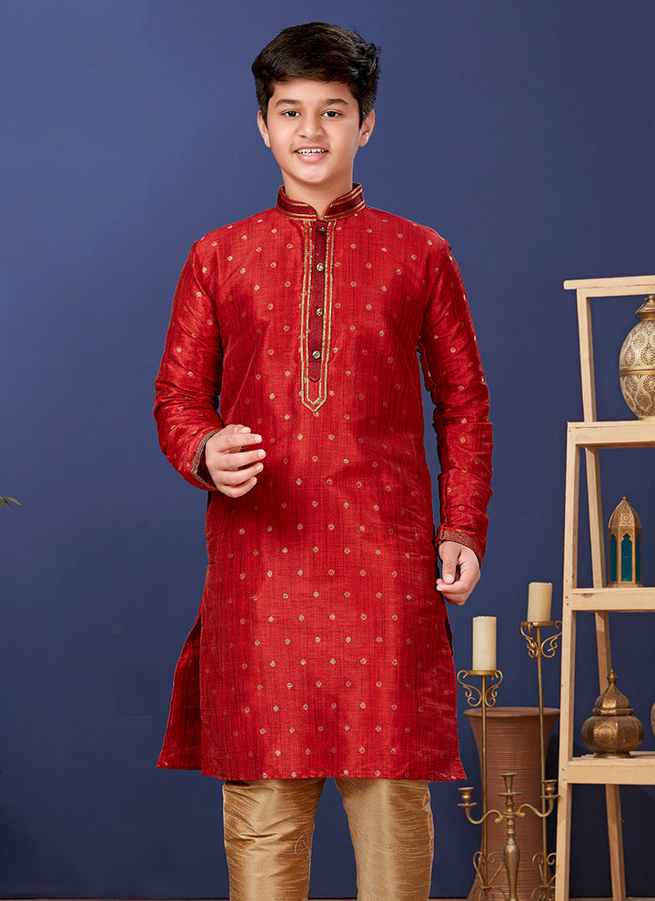 Jacquard Silk Red Wedding Wear Weaving Readymade Kurta Pajama