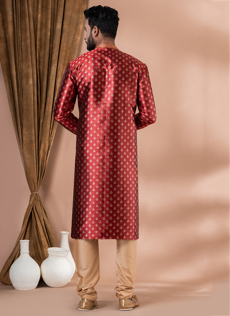 Jacquard Silk Red Festival Wear Weaving Kurta Pajama