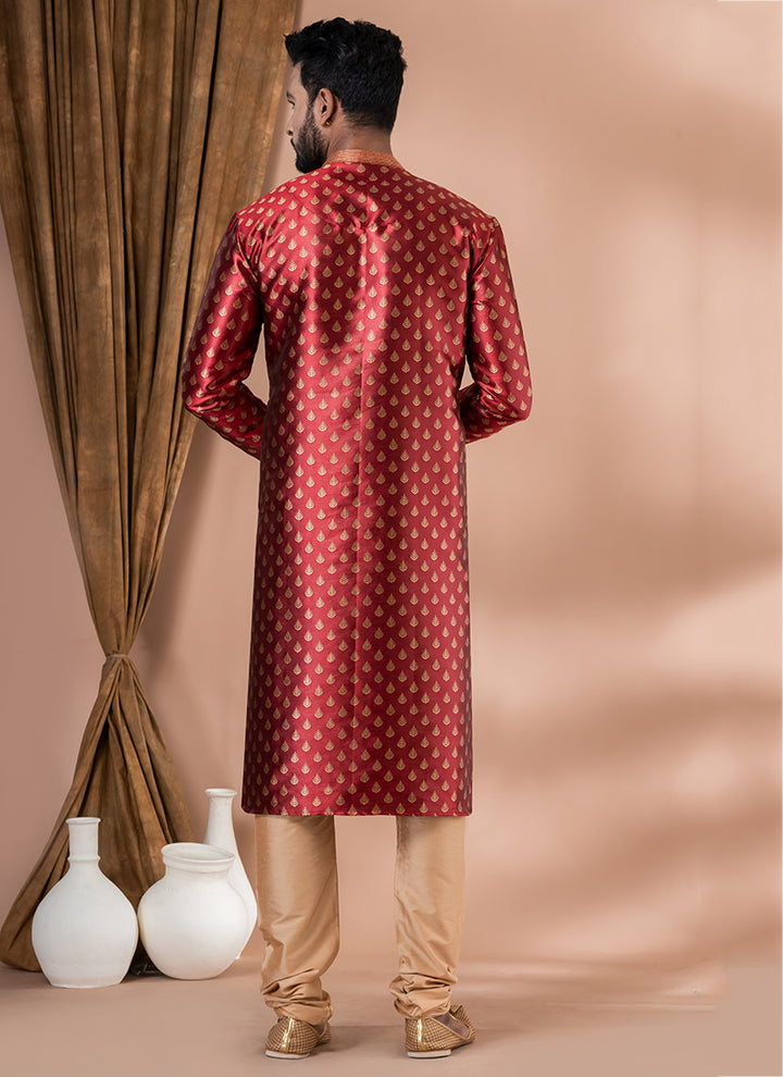 Jacquard Silk Red Festival Wear Weaving Kurta Pajama