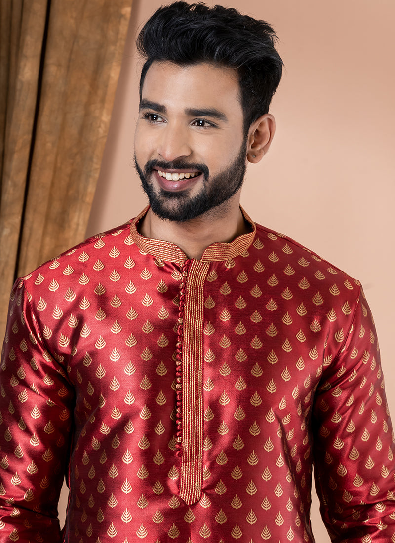 Jacquard Silk Red Festival Wear Weaving Kurta Pajama