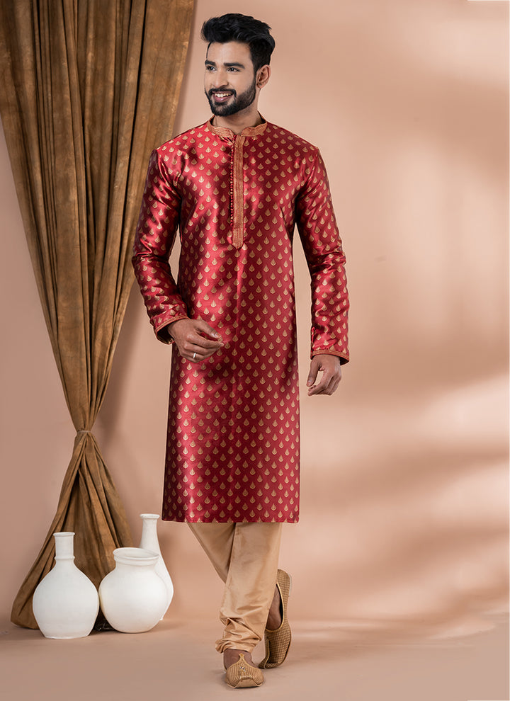 Jacquard Silk Red Festival Wear Weaving Kurta Pajama