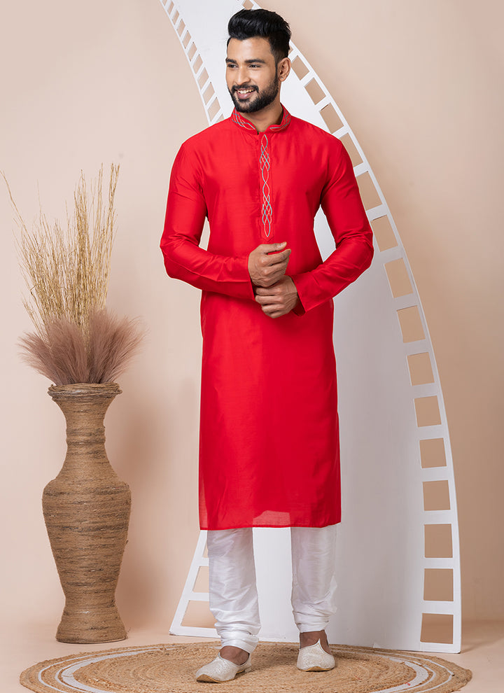 Ps Viscose Red Festival Wear Embroidery Work Readymade Kurta Pajama