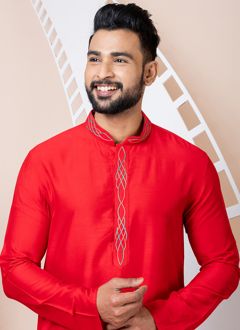 Ps Viscose Red Festival Wear Embroidery Work Readymade Kurta Pajama