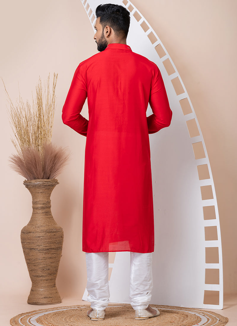 Ps Viscose Red Festival Wear Embroidery Work Readymade Kurta Pajama