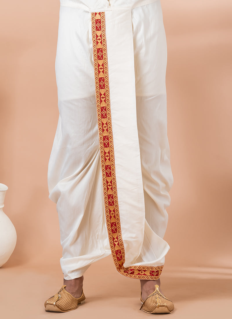 Pure Viscose Red Traditional Wear Embroidery Work Dhoti Kurta