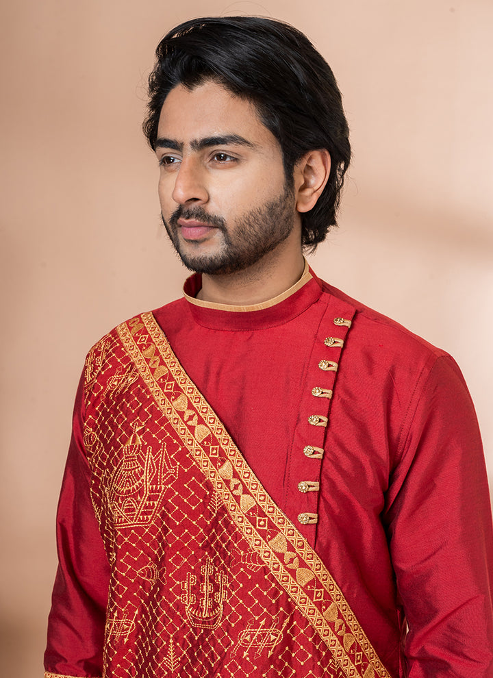 Pure Viscose Red Traditional Wear Embroidery Work Dhoti Kurta