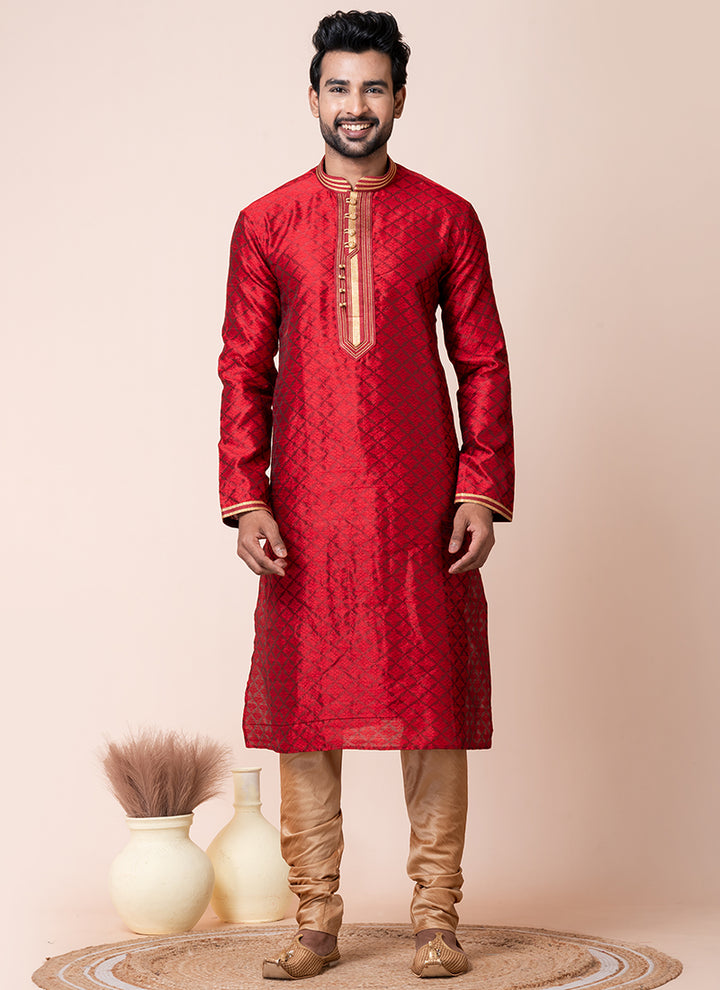 Silk Red Festival Wear Printed Readymade Kurta Pajama