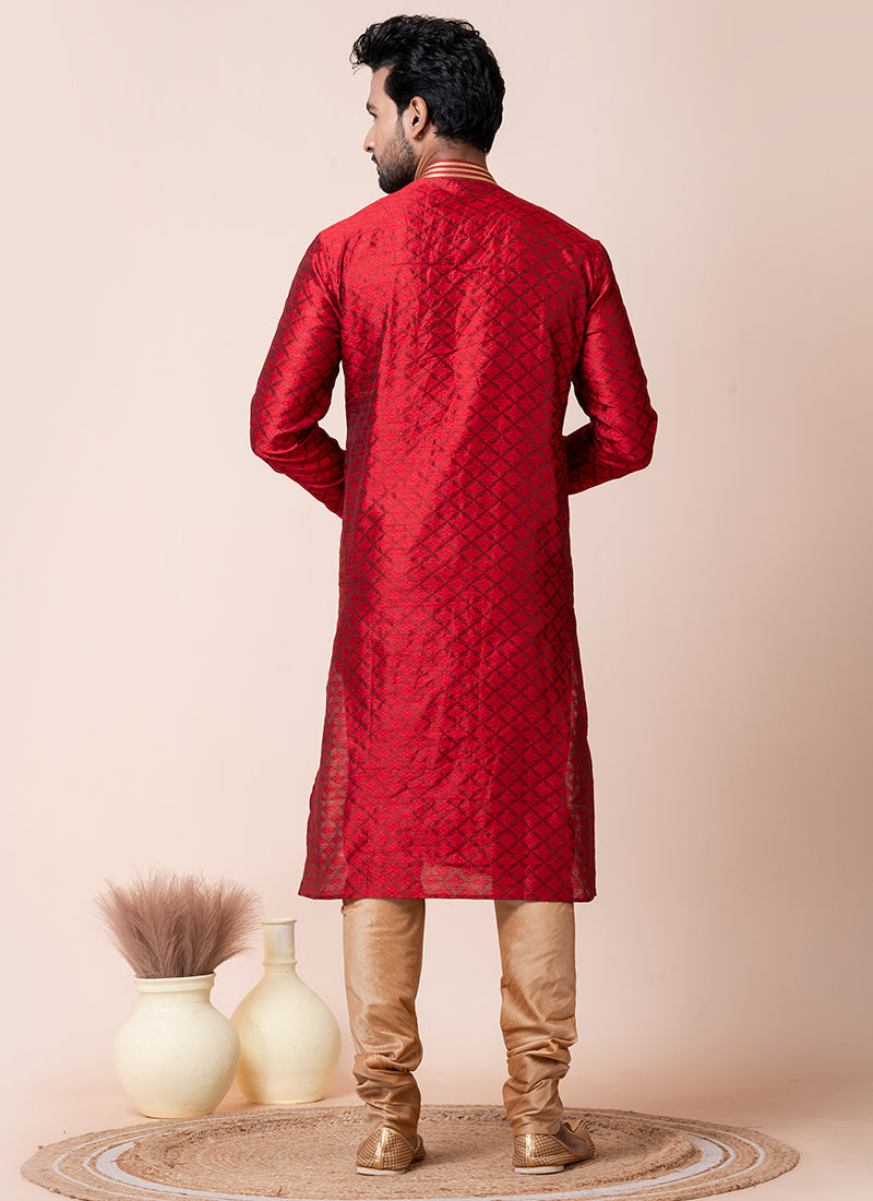 Silk Red Festival Wear Printed Readymade Kurta Pajama