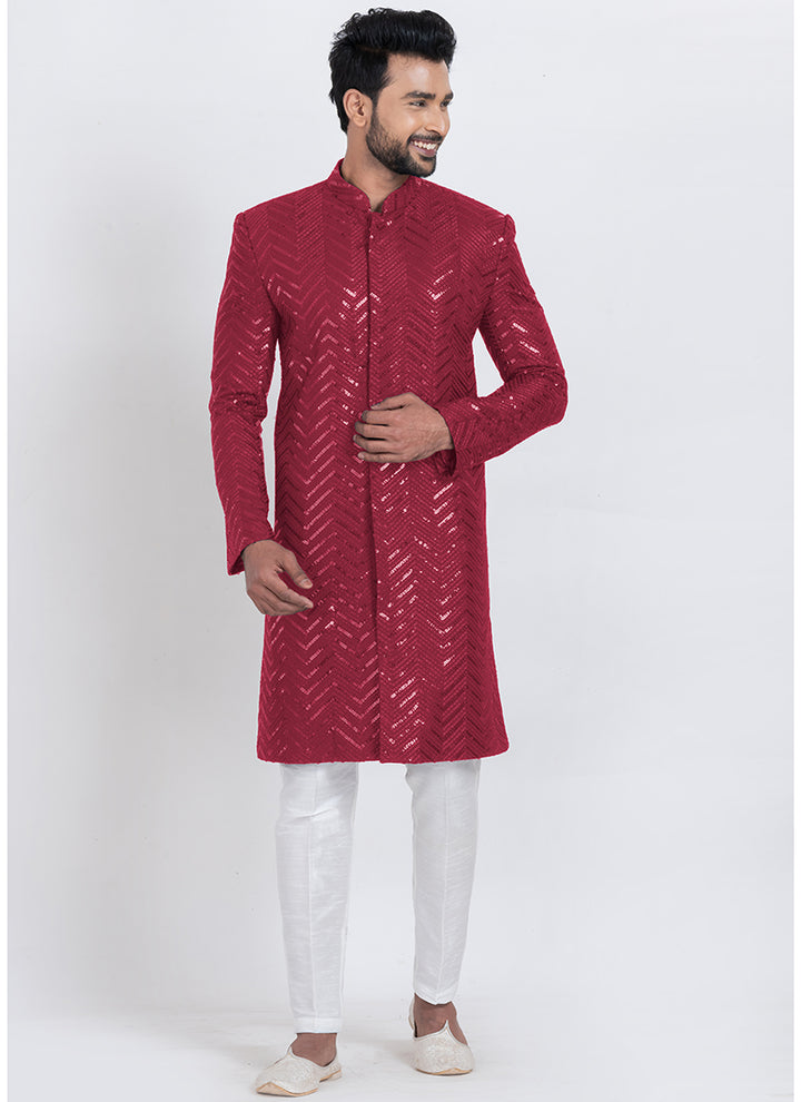 Viscose Rayon Red Eid Wear Sequins Work Readymade Indo Western