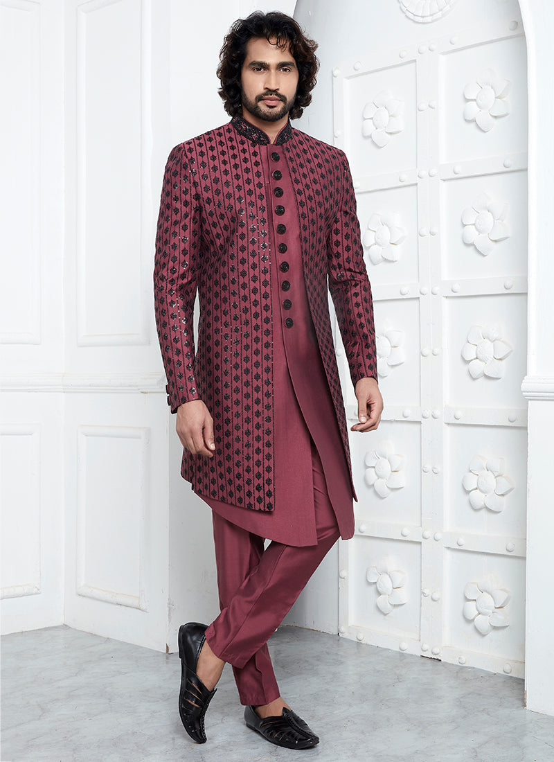 Art Silk Rose Pink Wedding Wear Embroidery Work Readymade Sherwani