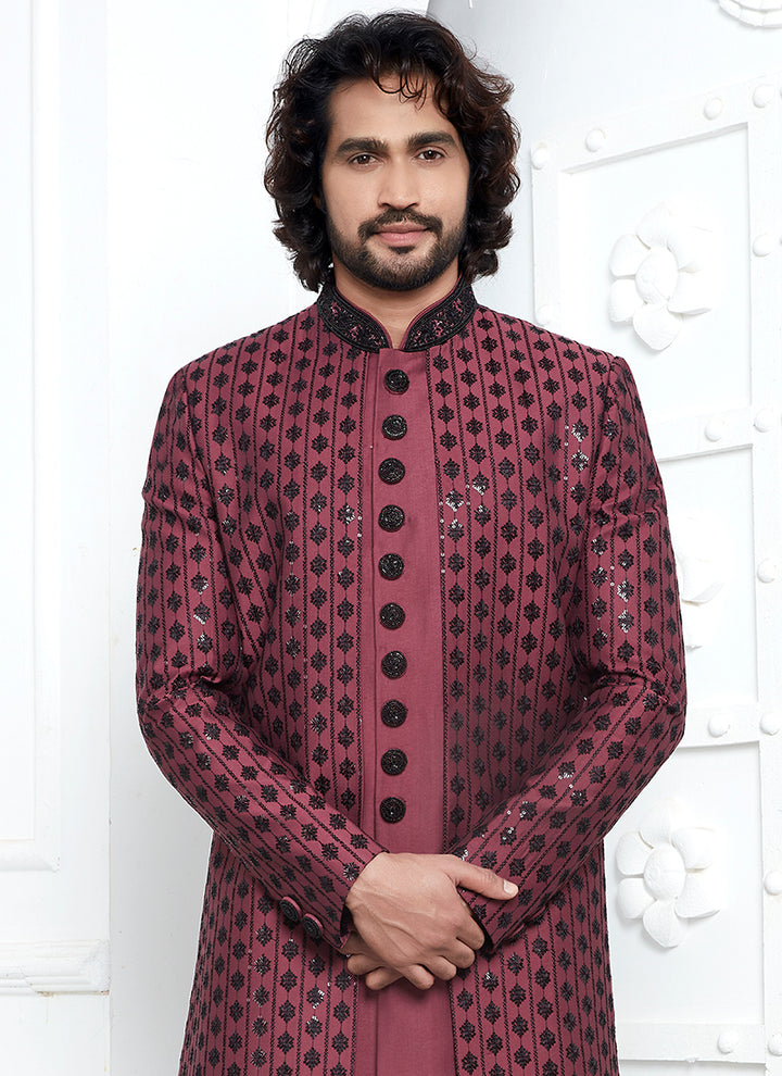 Art Silk Rose Pink Wedding Wear Embroidery Work Readymade Sherwani