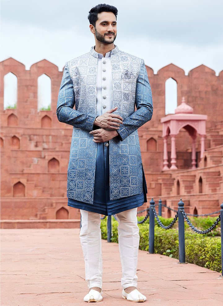 SHADED BLUE Art Silk Wedding Wear Thread Work 3 Pcs Jacket Set