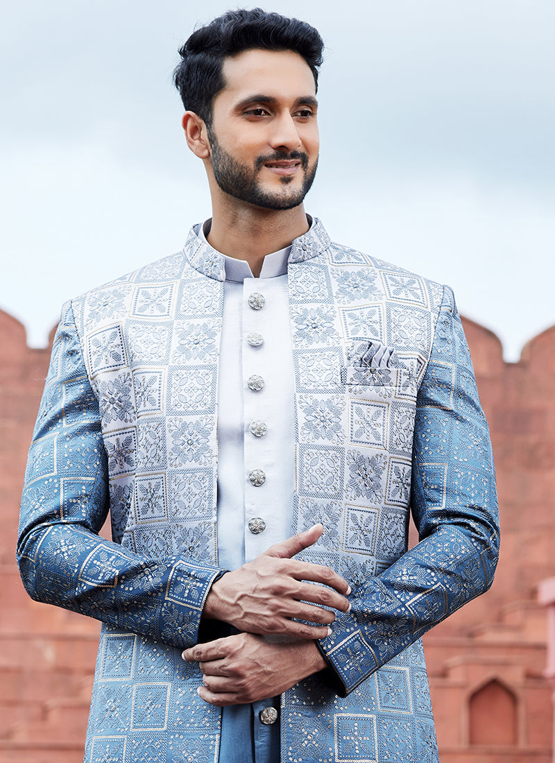 SHADED BLUE Art Silk Wedding Wear Thread Work 3 Pcs Jacket Set