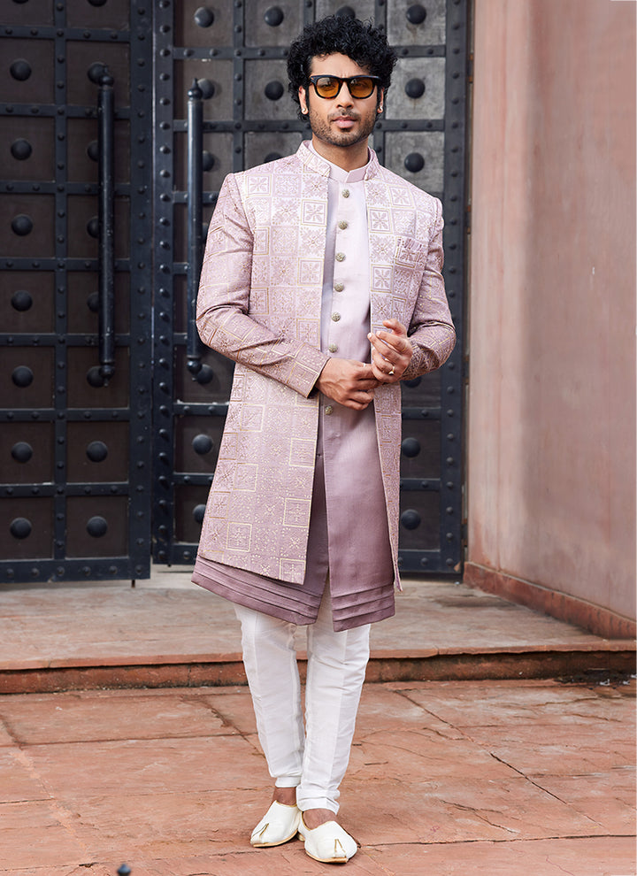 SHADED ONION Art Silk Wedding Wear Thread Work 3 Pcs Jacket Set