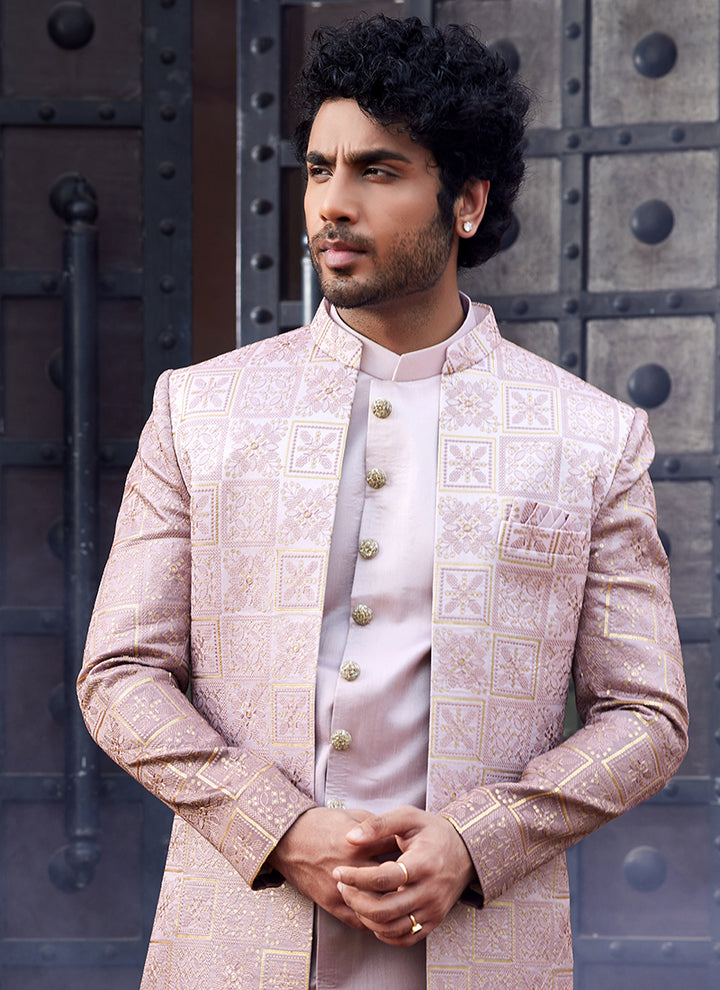 SHADED ONION Art Silk Wedding Wear Thread Work 3 Pcs Jacket Set