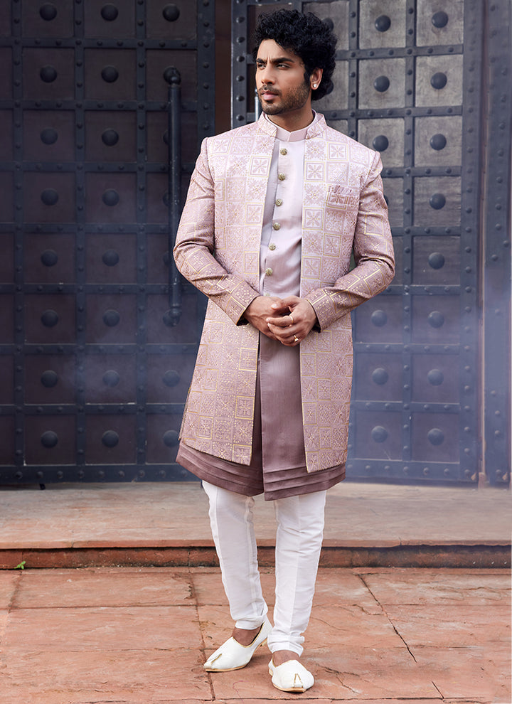 SHADED ONION Art Silk Wedding Wear Thread Work 3 Pcs Jacket Set