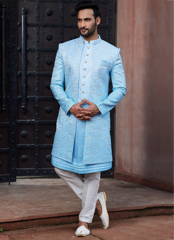 SHADED SKY BLUE Art Silk Wedding Wear Thread Work 3 Pcs Jacket Set