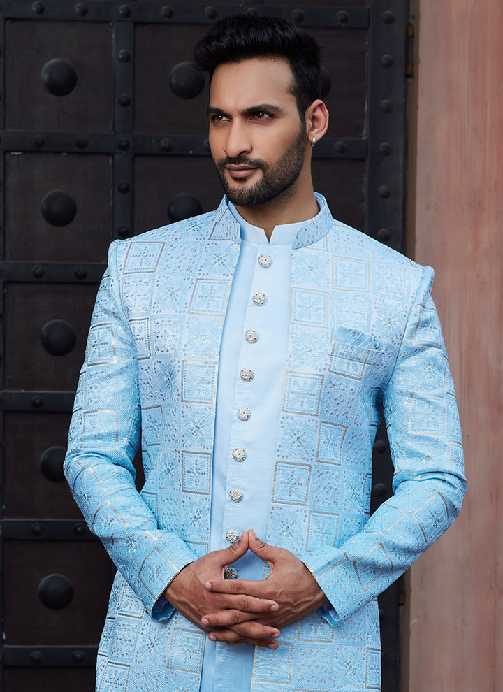 SHADED SKY BLUE Art Silk Wedding Wear Thread Work 3 Pcs Jacket Set