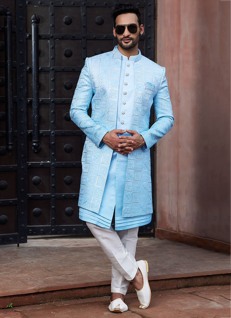 SHADED SKY BLUE Art Silk Wedding Wear Thread Work 3 Pcs Jacket Set