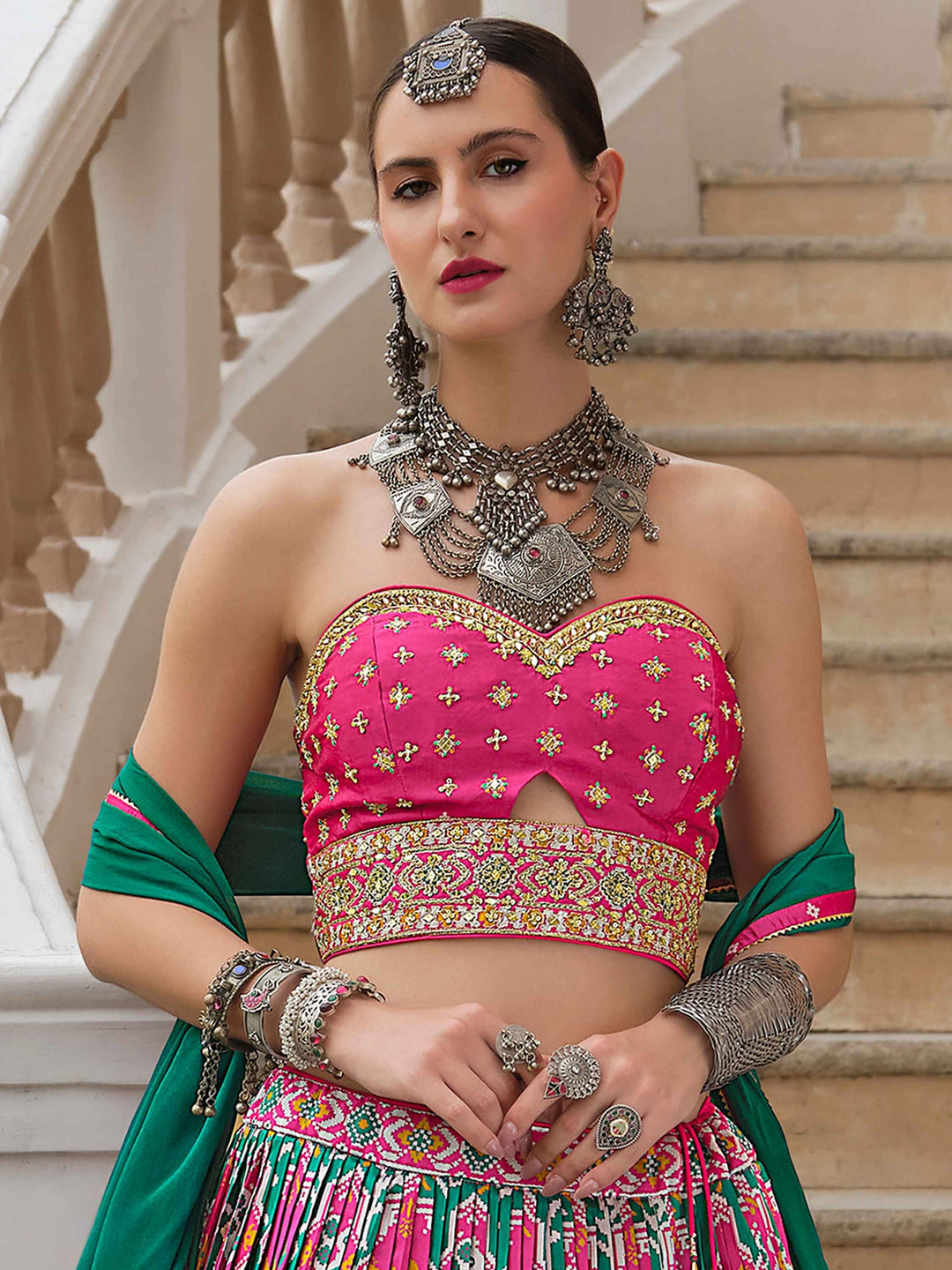 Alluring Green Bandhani Print Silk Reception Wear Lehenga Choli