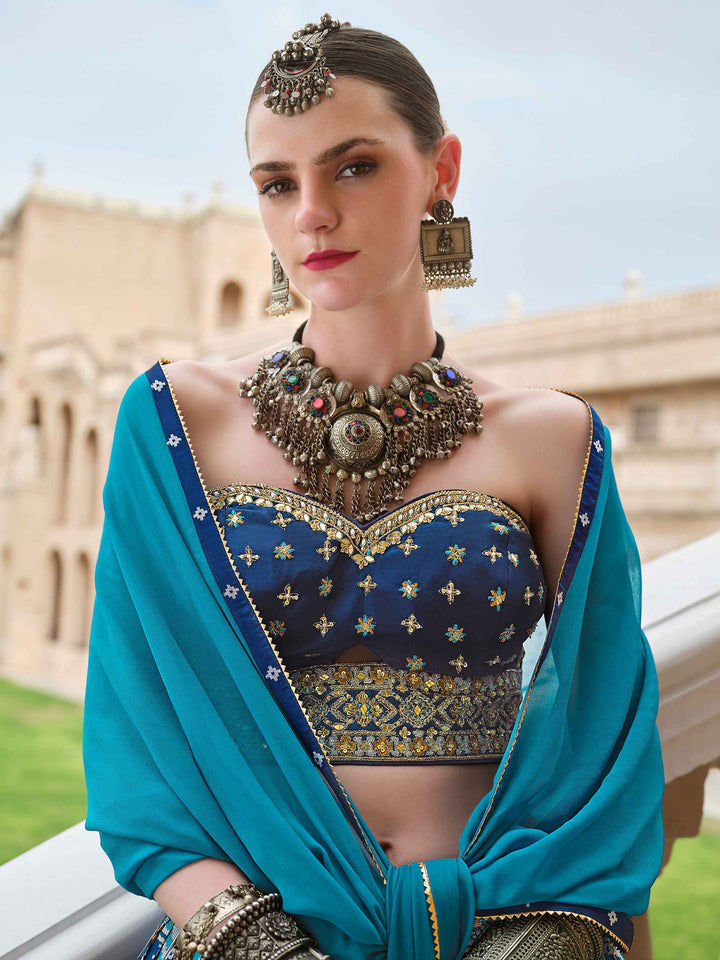 Blue Bandhani Print Silk Wedding Wear Lehenga Choli