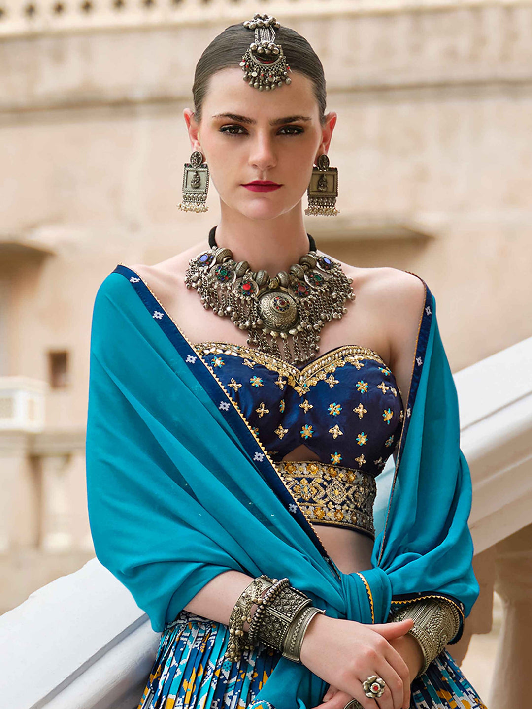 Blue Bandhani Print Silk Wedding Wear Lehenga Choli