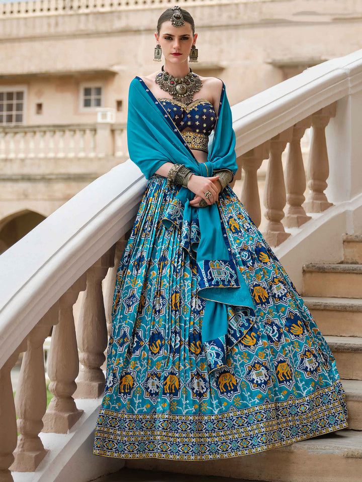Blue Bandhani Print Silk Wedding Wear Lehenga Choli