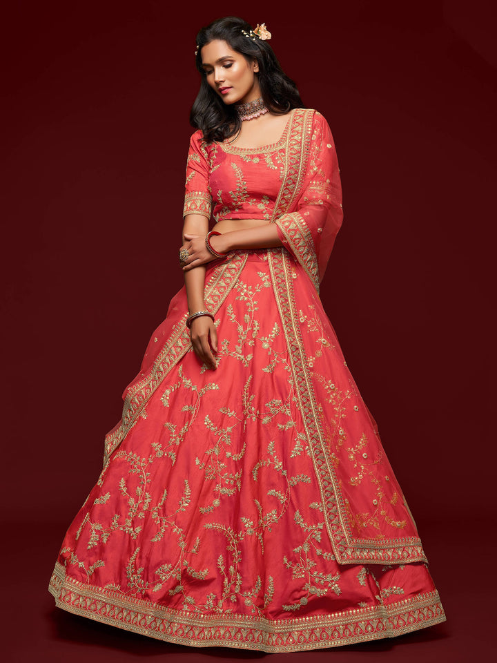 Satisfying Coral Red Thread Embroidery Art Silk Wedding Lehenga Choli