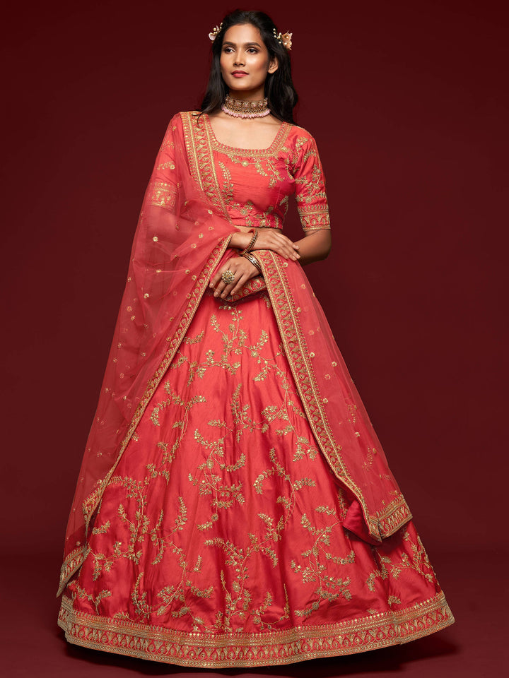 Satisfying Coral Red Thread Embroidery Art Silk Wedding Lehenga Choli