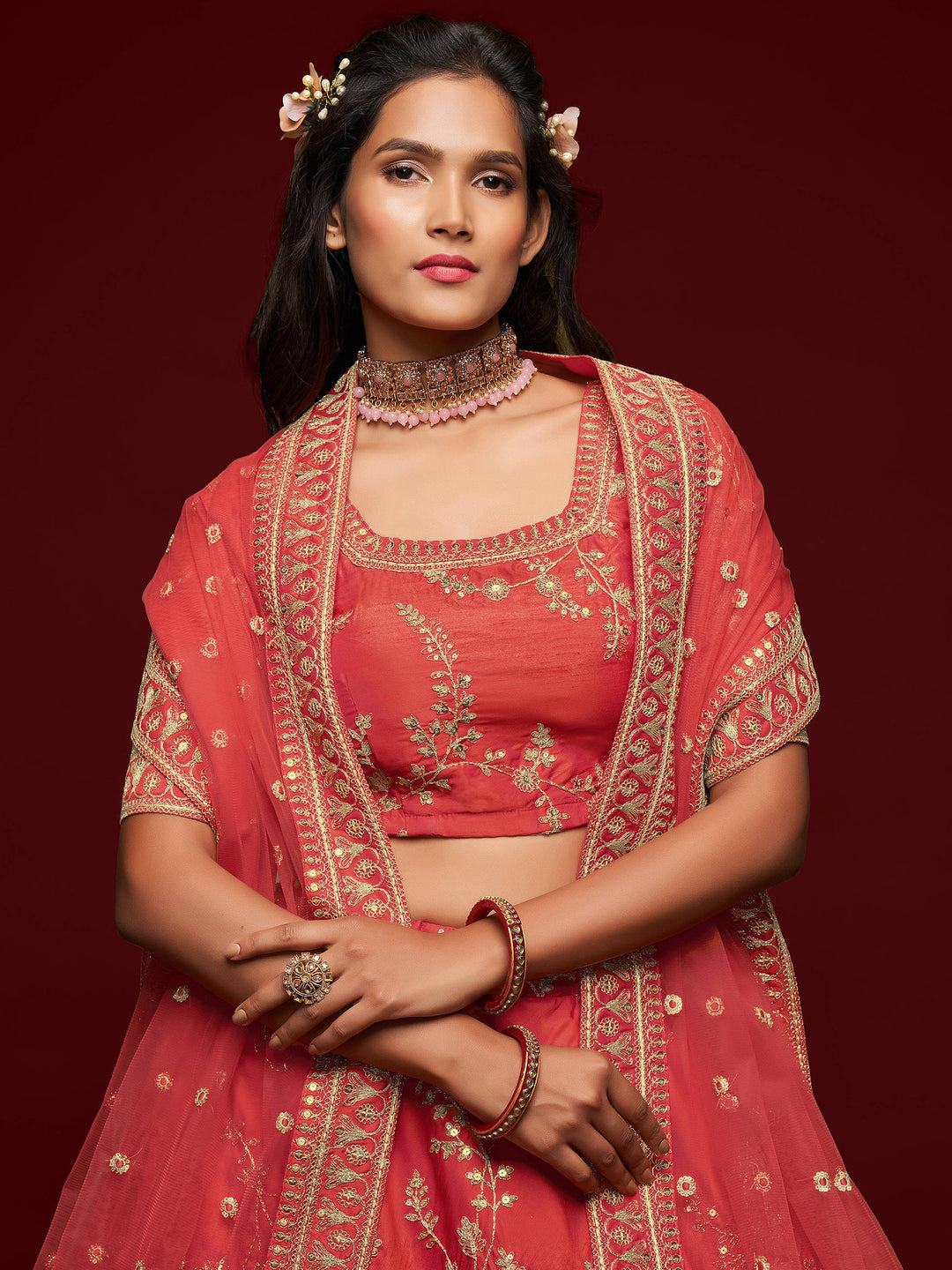 Coral Red Thread Embroidery Art Silk Wedding Lehenga Choli