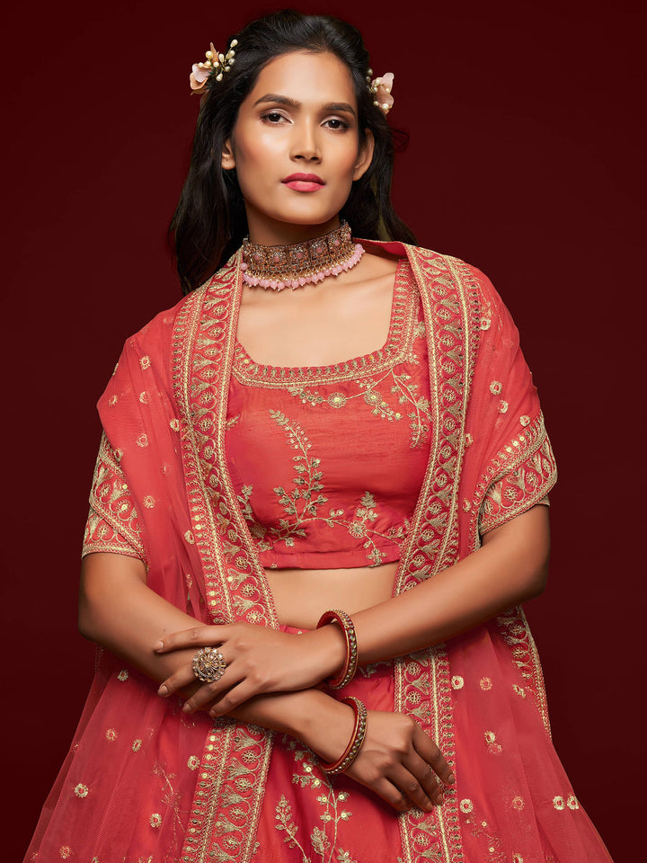 Satisfying Coral Red Thread Embroidery Art Silk Wedding Lehenga Choli