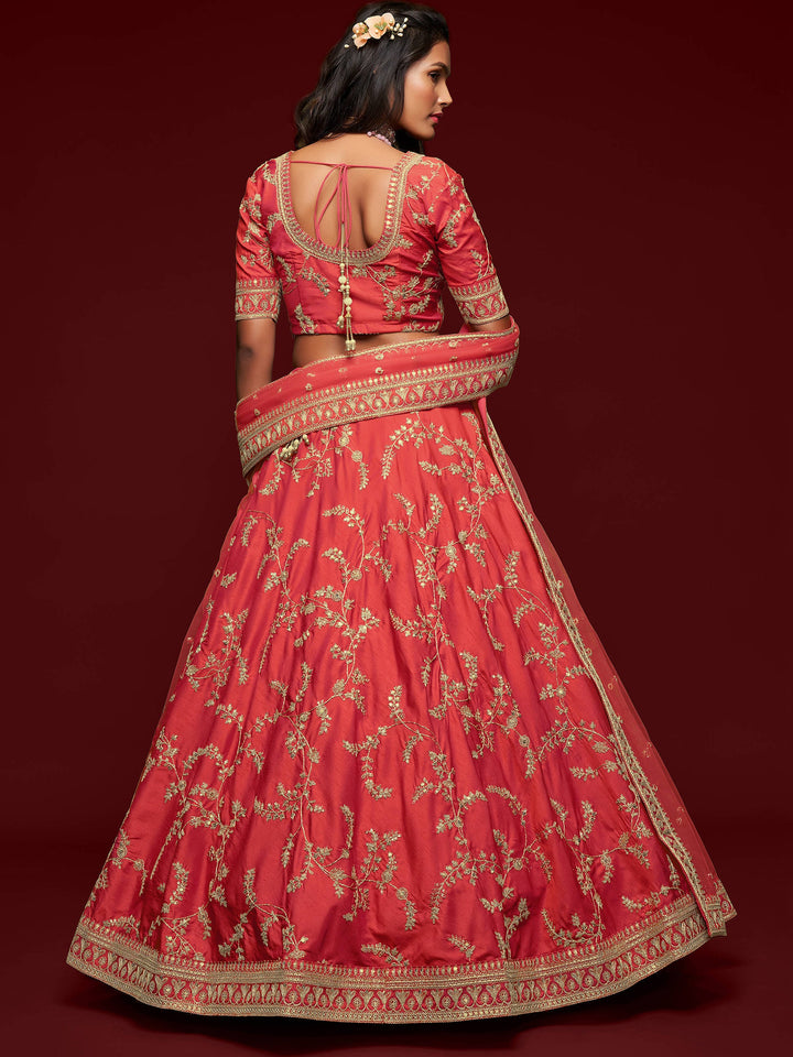 Satisfying Coral Red Thread Embroidery Art Silk Wedding Lehenga Choli