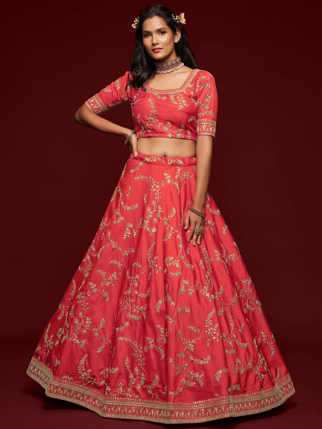 Coral Red Thread Embroidery Art Silk Wedding Lehenga Choli
