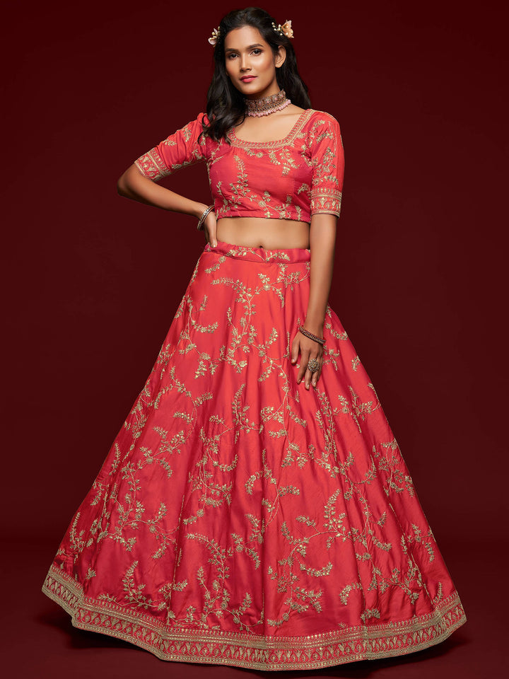 Coral Red Thread Embroidery Art Silk Wedding Lehenga Choli