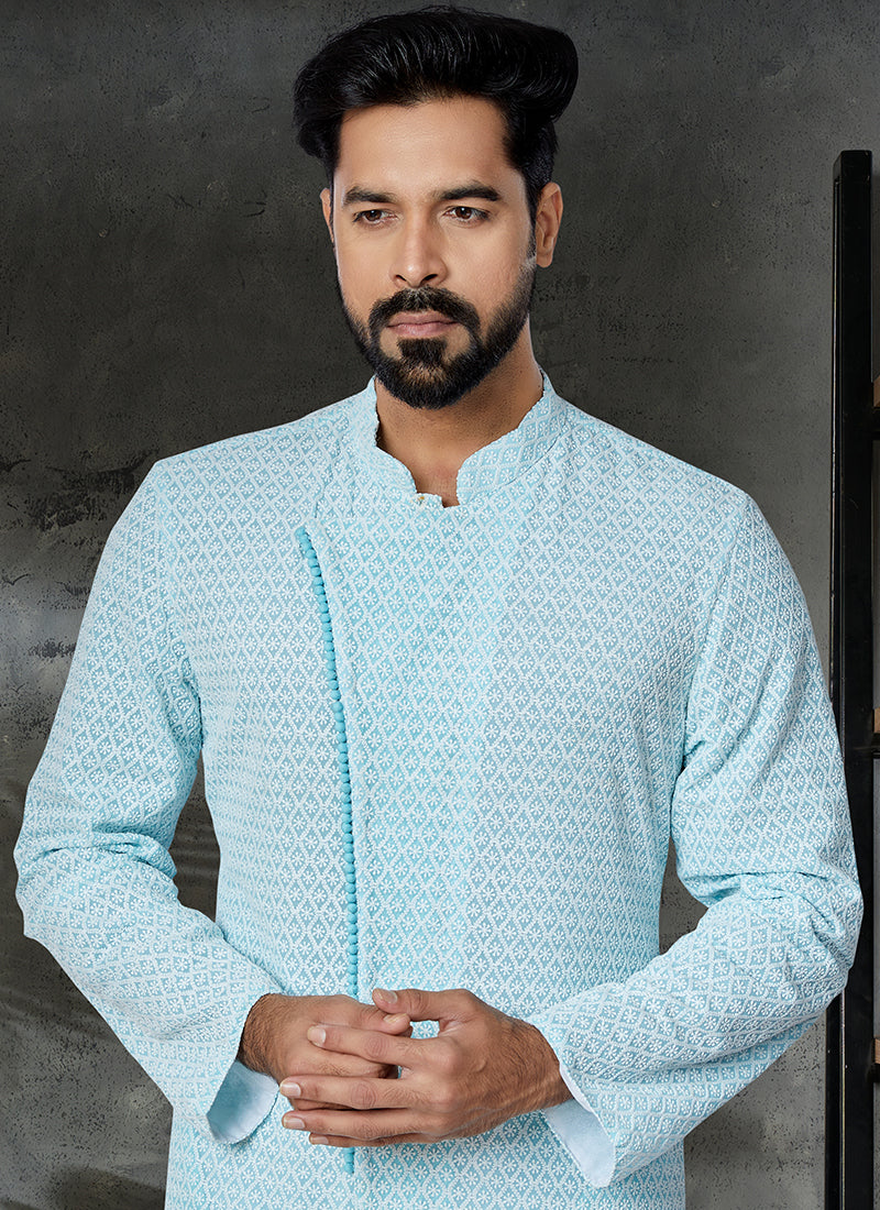 Sea Green Georgette Festival Wear Embroidery Work Kurta Pajama