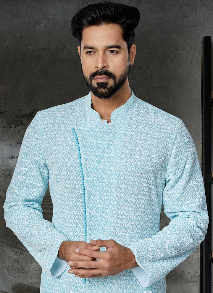 Sea Green Georgette Festival Wear Embroidery Work Kurta Pajama