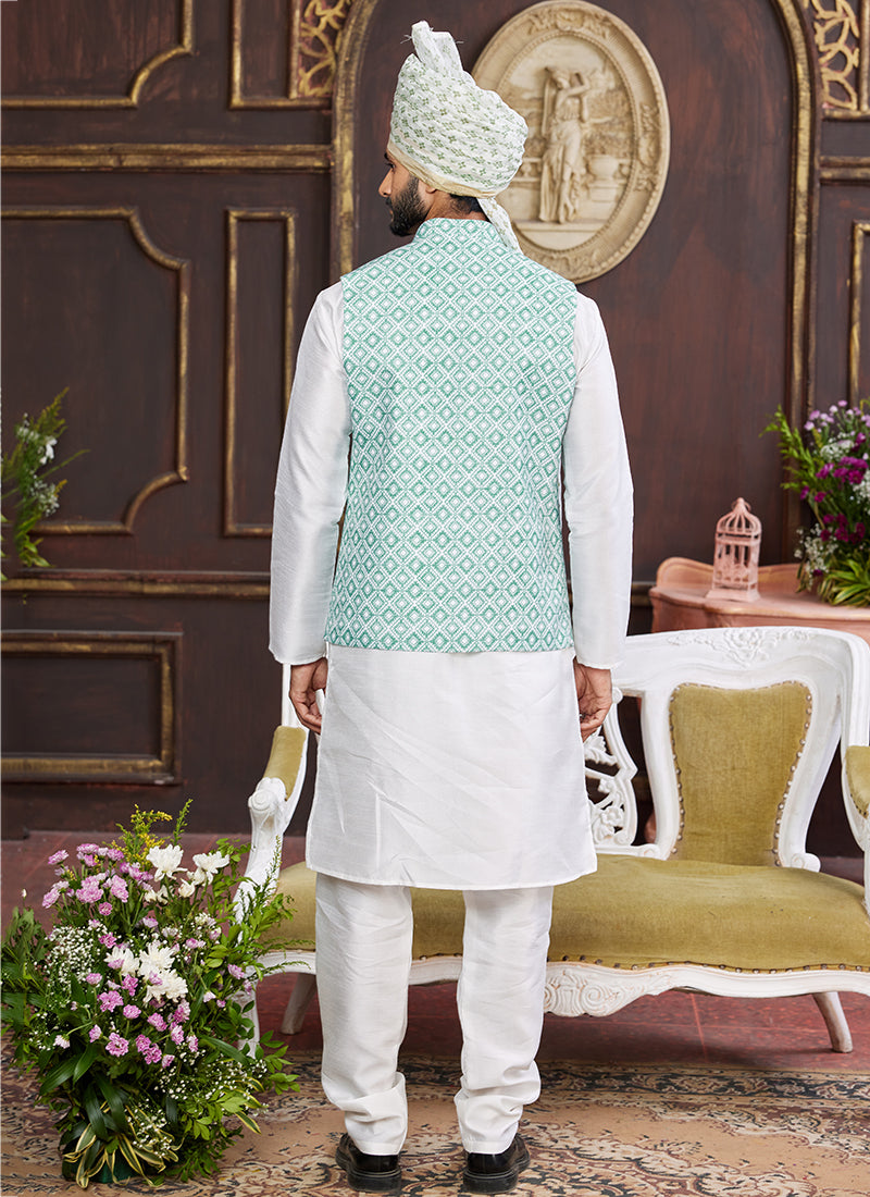 Banarasi Silk Sea Blue Wedding Wear Digital Print Radymade Modi Jacket Kurta Pajama