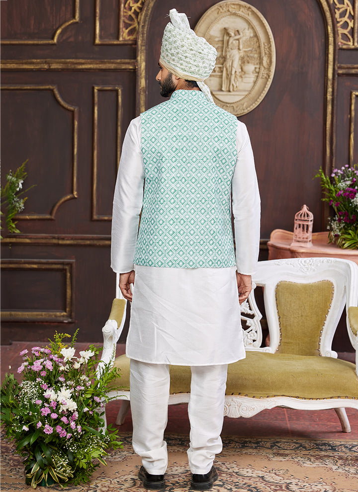 Banarasi Silk Sea Blue Wedding Wear Digital Print Radymade Modi Jacket Kurta Pajama