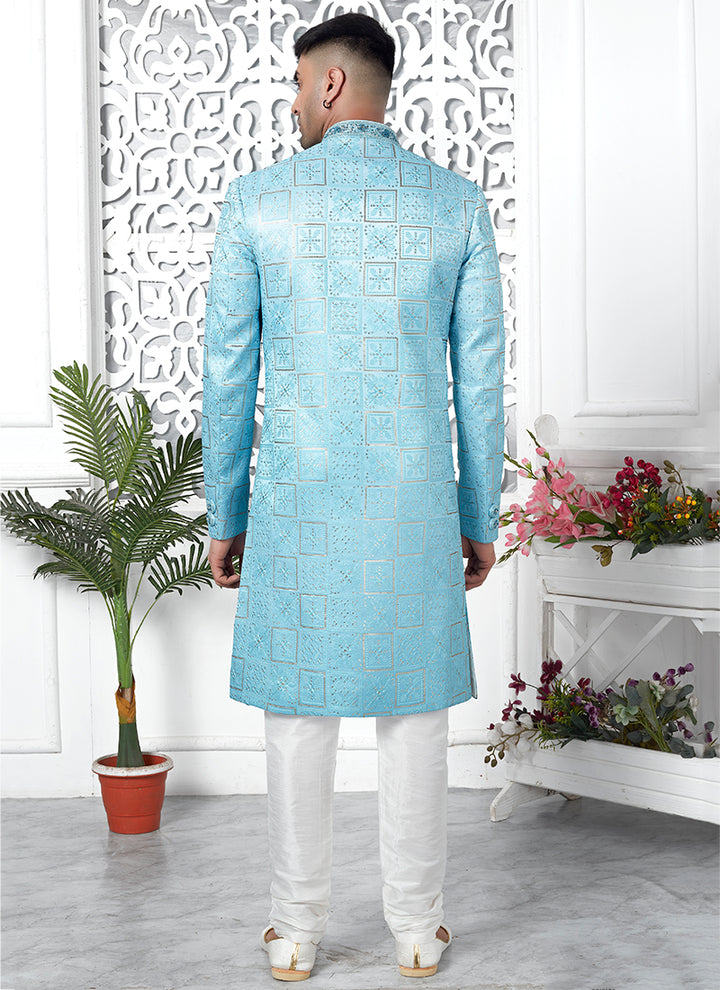 Art Silk Shaded  Sky Blue Wedding Wear Computer Thread Work Mens Sherwani