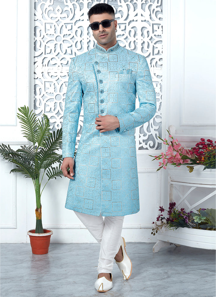 Art Silk Shaded  Sky Blue Wedding Wear Computer Thread Work Mens Sherwani