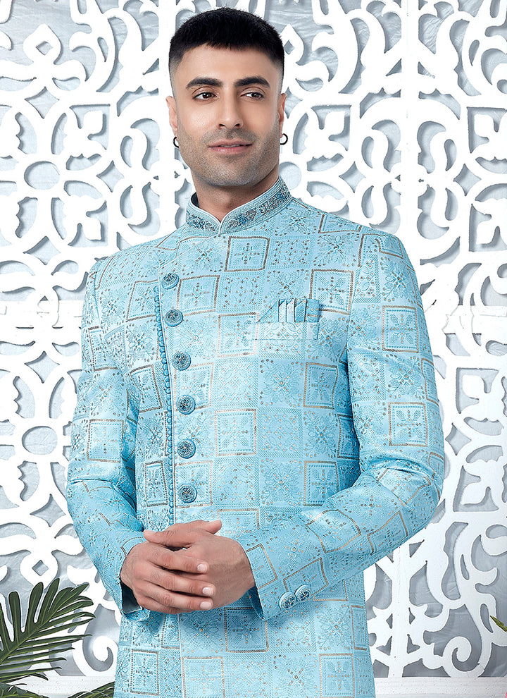 Art Silk Shaded  Sky Blue Wedding Wear Computer Thread Work Mens Sherwani