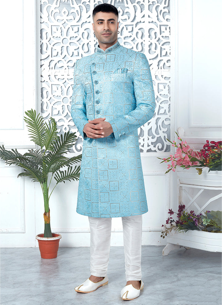 Art Silk Shaded  Sky Blue Wedding Wear Computer Thread Work Mens Sherwani