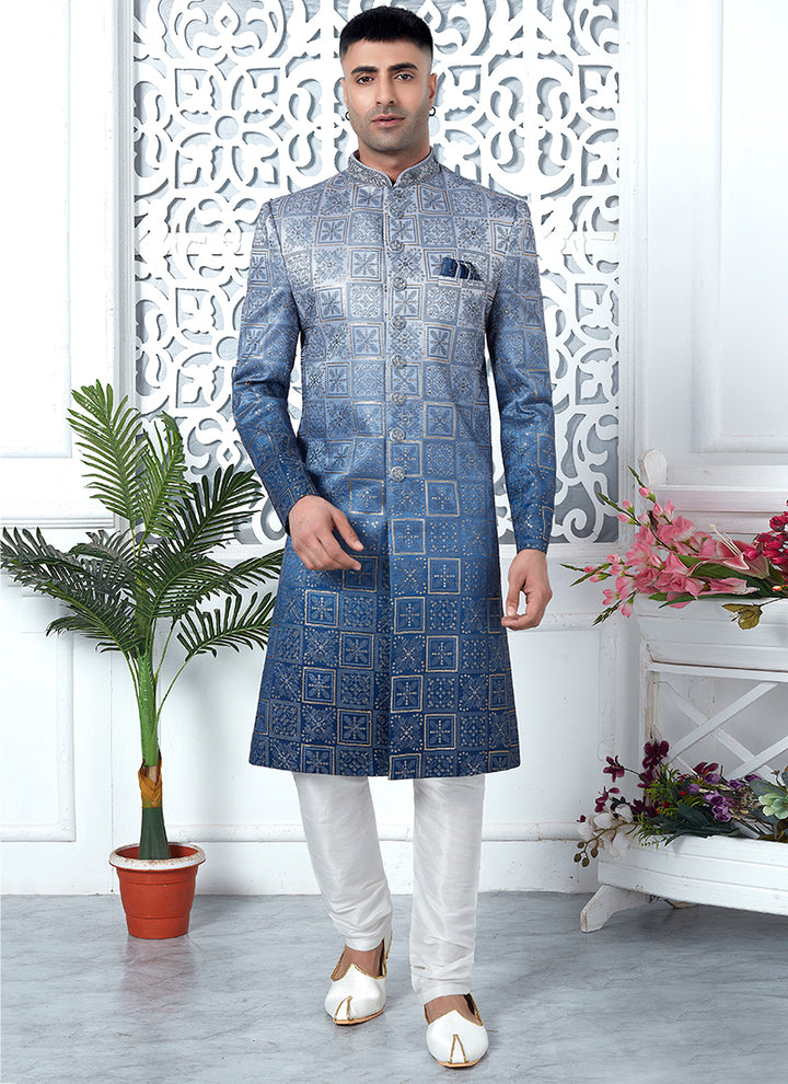 Art Silk Shaded Blue Wedding Wear Computer Thread Work Mens Sherwani