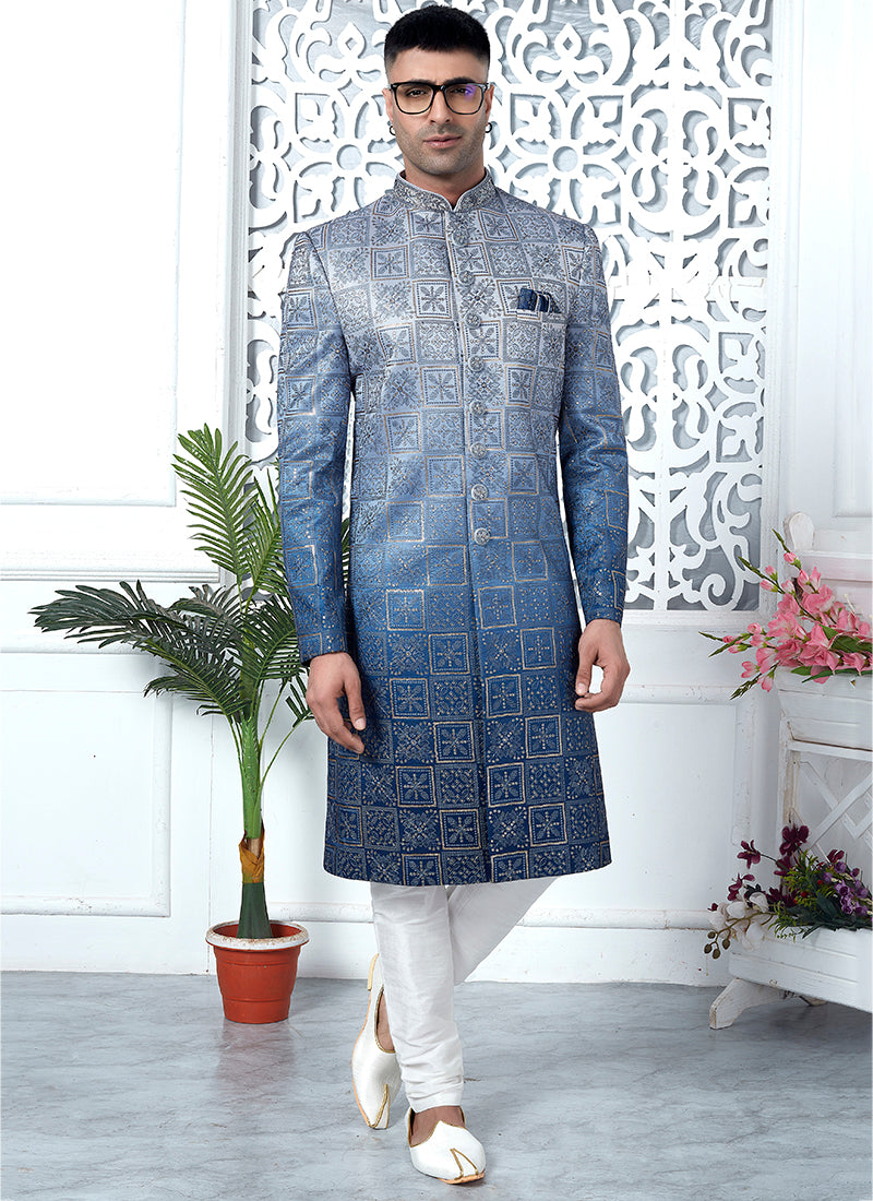 Art Silk Shaded Blue Wedding Wear Computer Thread Work Mens Sherwani