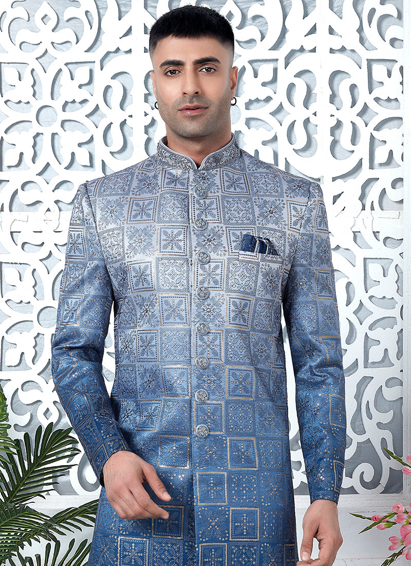 Art Silk Shaded Blue Wedding Wear Computer Thread Work Mens Sherwani