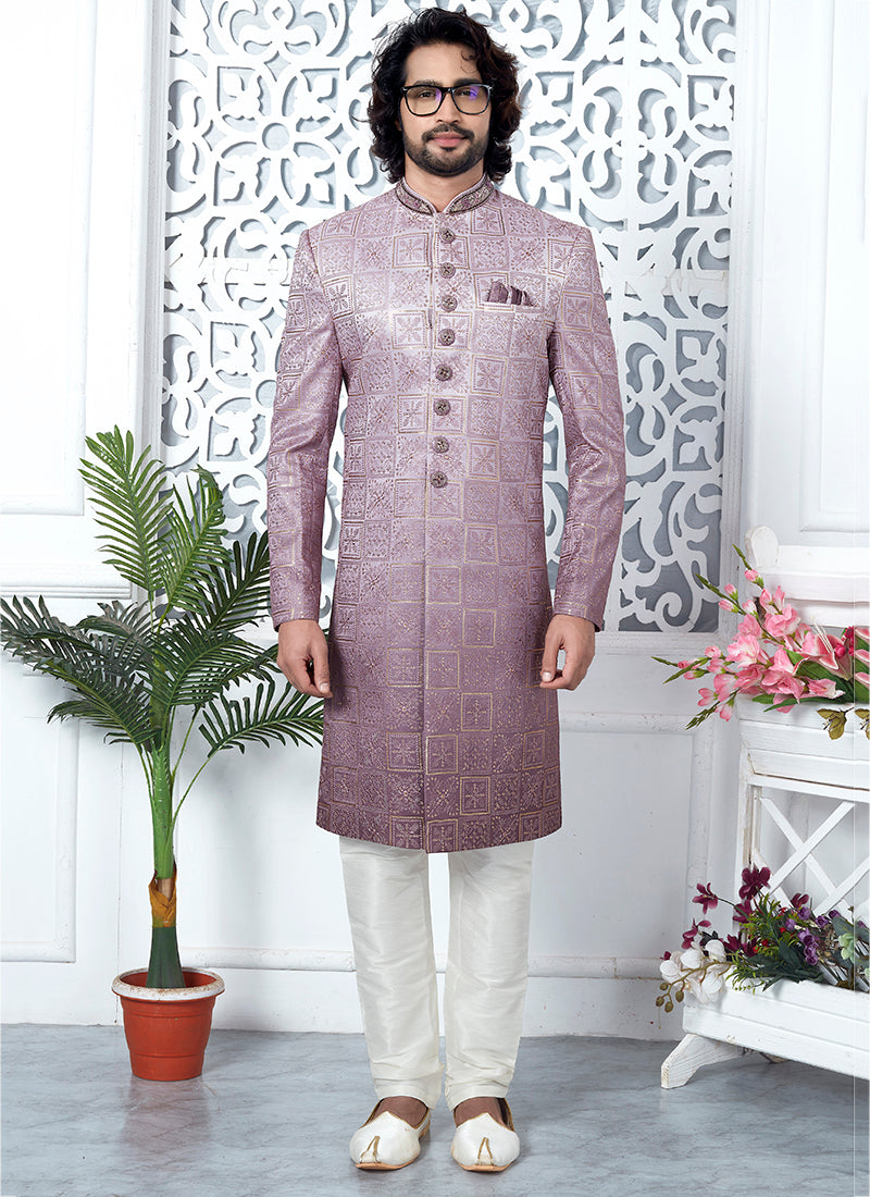 Art Silk Shaded Onion Wedding Wear Computer Thread Work Mens Sherwani