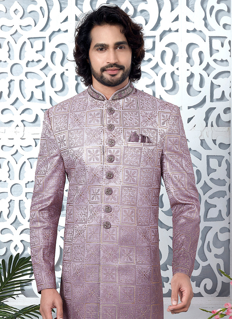 Art Silk Shaded Onion Wedding Wear Computer Thread Work Mens Sherwani